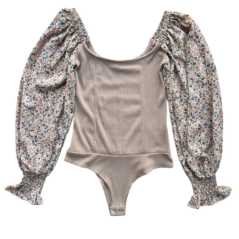Promesa Women’s S Tan Ribbed Floral Balloon Long Sleeved Bodysuit #JTC10128 Boho
